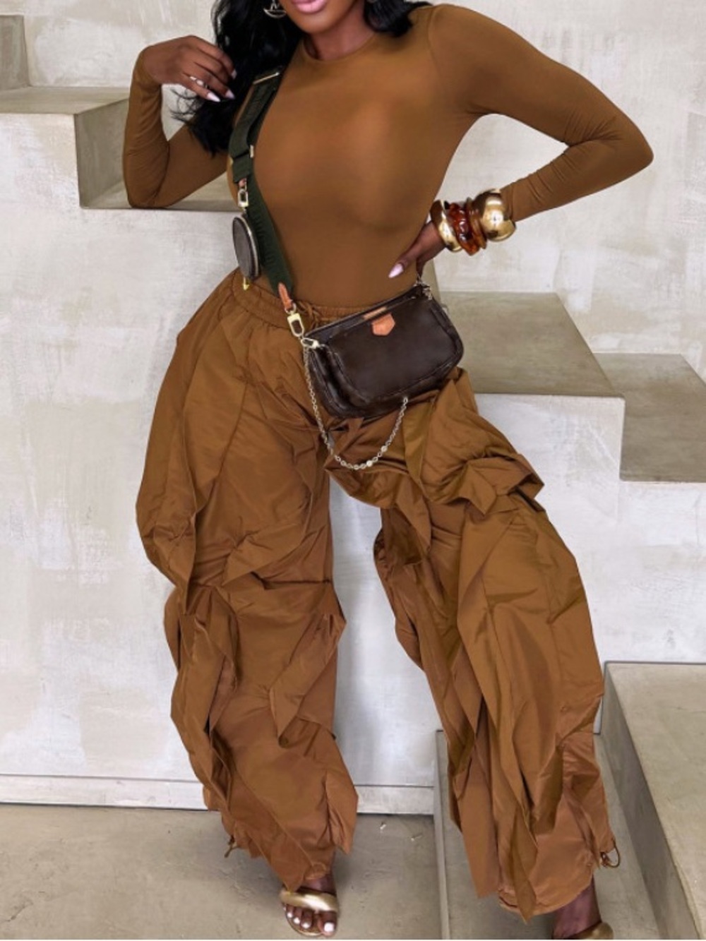 Brown Wide-Leg Ruffle Detail Cargo Pants for Women